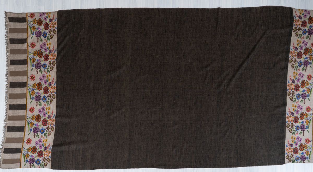 3 yards Reversible Pure Pashmina Shawl with Kani Woven Floral Borders in Camel Brown and Charcoal Grey