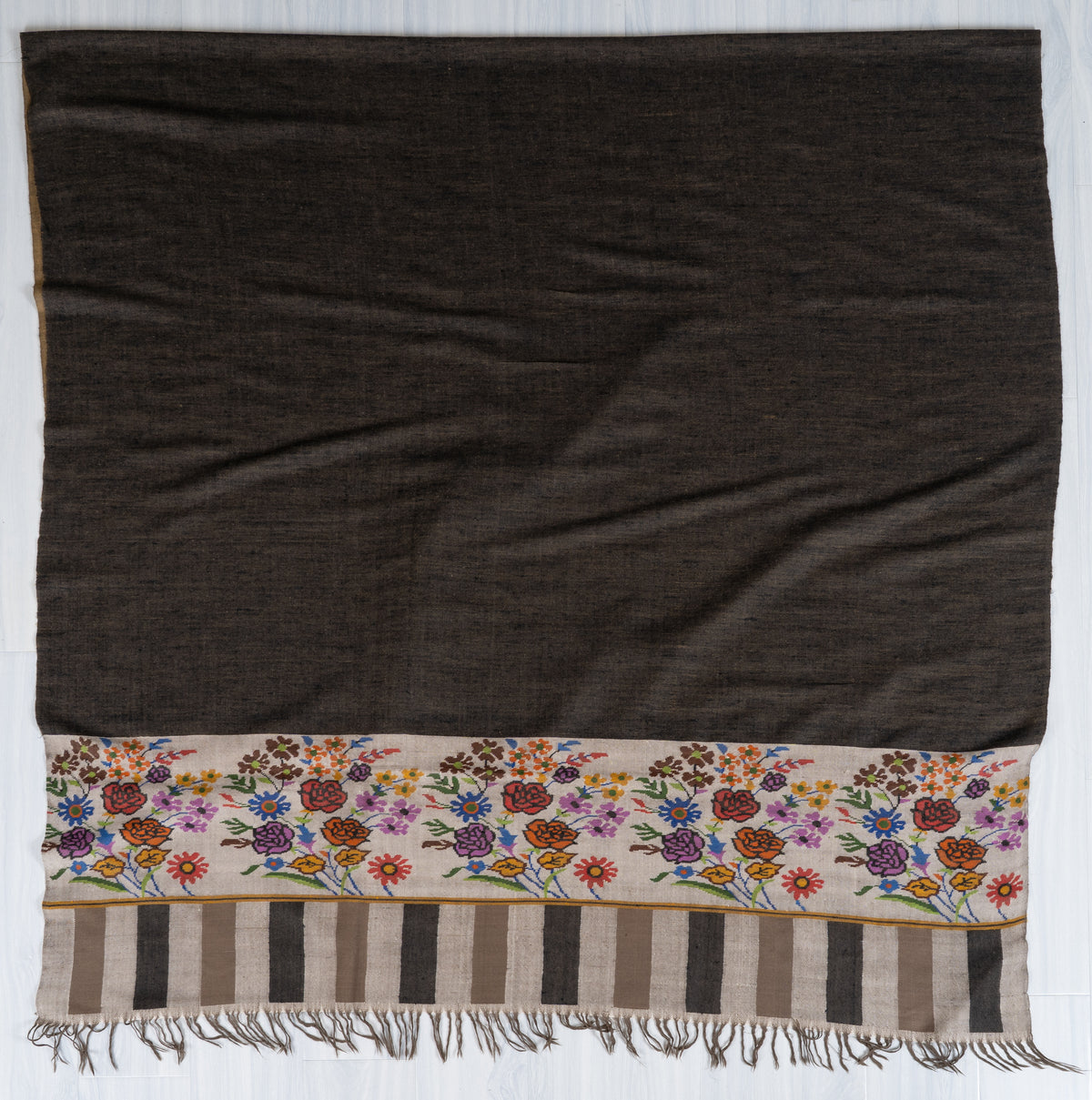3 yards Reversible Pure Pashmina Shawl with Kani Woven Floral Borders in Camel Brown and Charcoal Grey