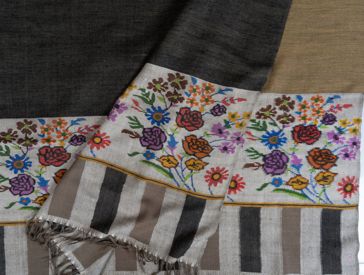 3 yards Reversible Pure Pashmina Shawl with Kani Woven Floral Borders in Camel Brown and Charcoal Grey