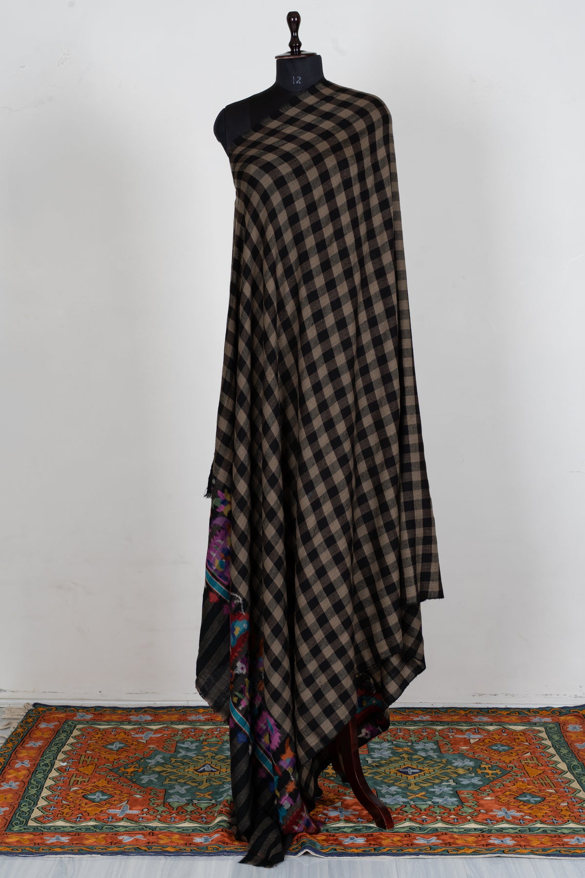 3 Yards Classic Noir Pure Pashmina Shawl with Sozni Hand Embroidered Vibrant Floral Highlights