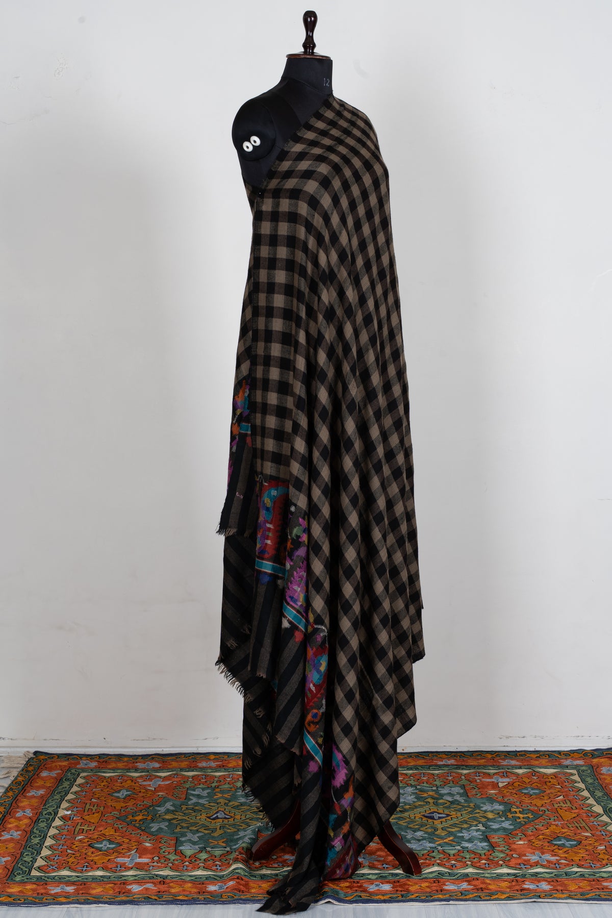3 Yards Classic Noir Pure Pashmina Shawl with Sozni Hand Embroidered Vibrant Floral Highlights