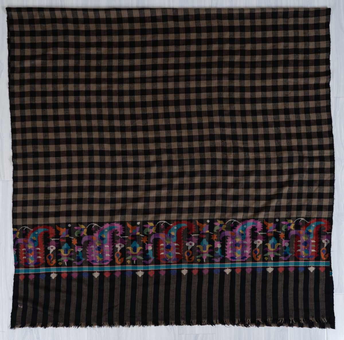3 Yards Classic Noir Pure Pashmina Shawl with Sozni Hand Embroidered Vibrant Floral Highlights