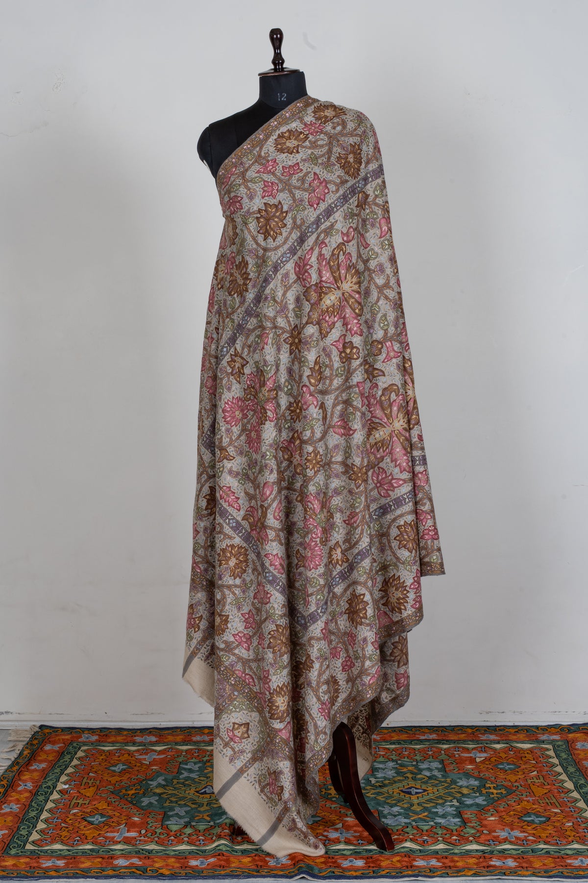3 Yards Kalamkari Pure Pashmina Shawl with Aari Hand Embroidered Floral Tapestry