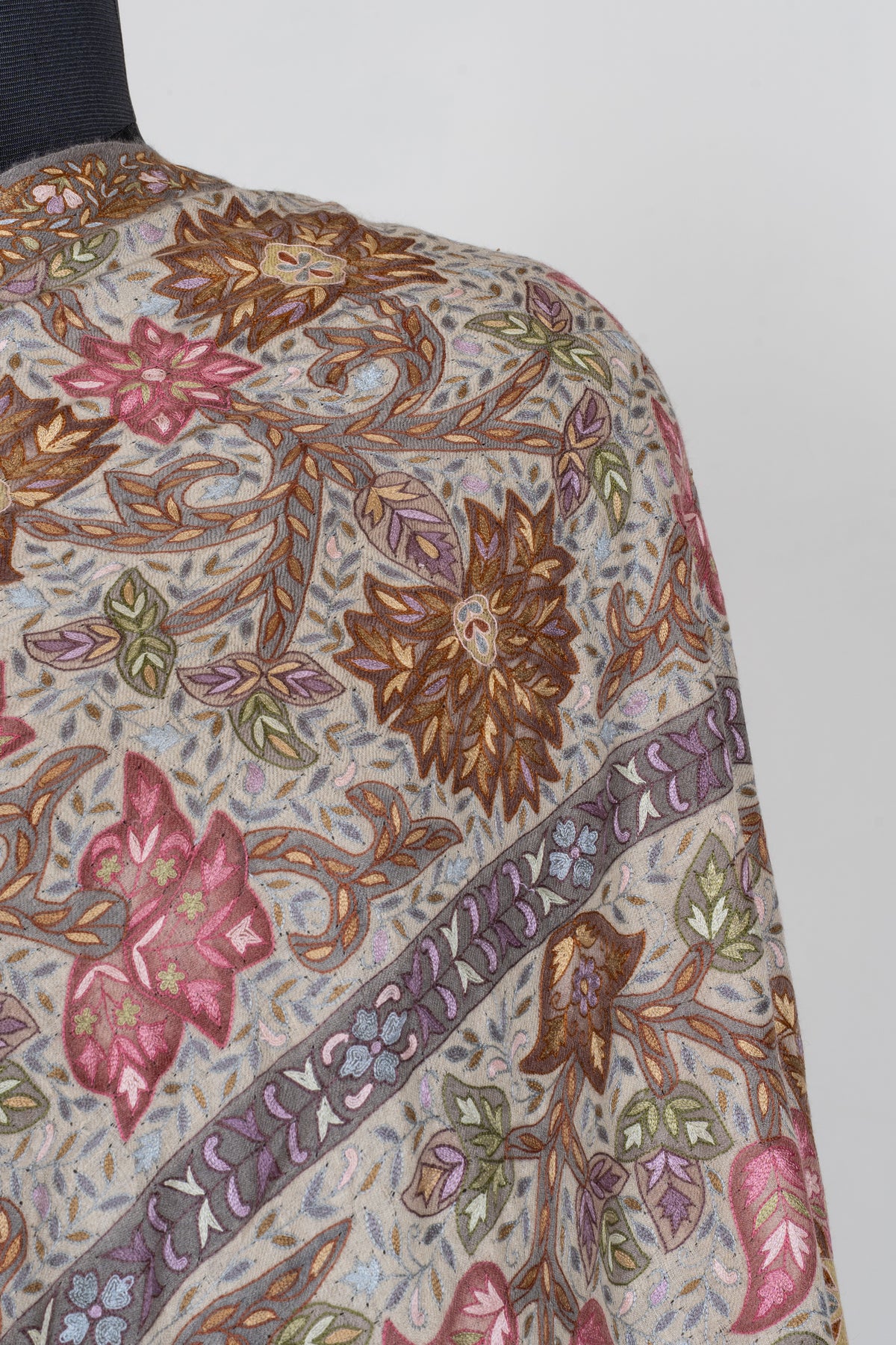 3 Yards Kalamkari Pure Pashmina Shawl with Aari Hand Embroidered Floral Tapestry