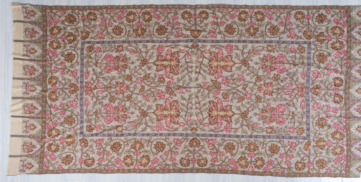 3 Yards Kalamkari Pure Pashmina Shawl with Aari Hand Embroidered Floral Tapestry