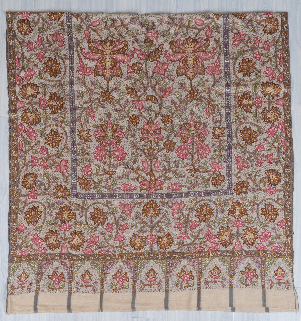 3 Yards Kalamkari Pure Pashmina Shawl with Aari Hand Embroidered Floral Tapestry