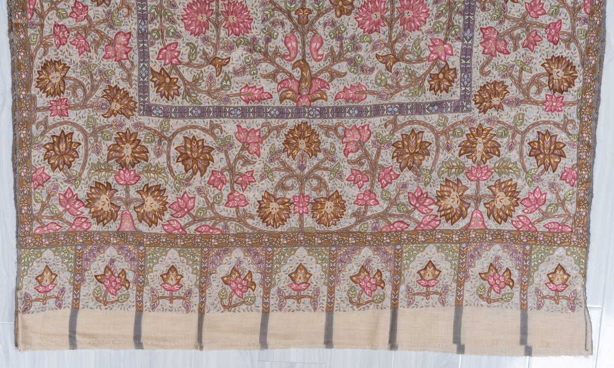 3 Yards Kalamkari Pure Pashmina Shawl with Aari Hand Embroidered Floral Tapestry