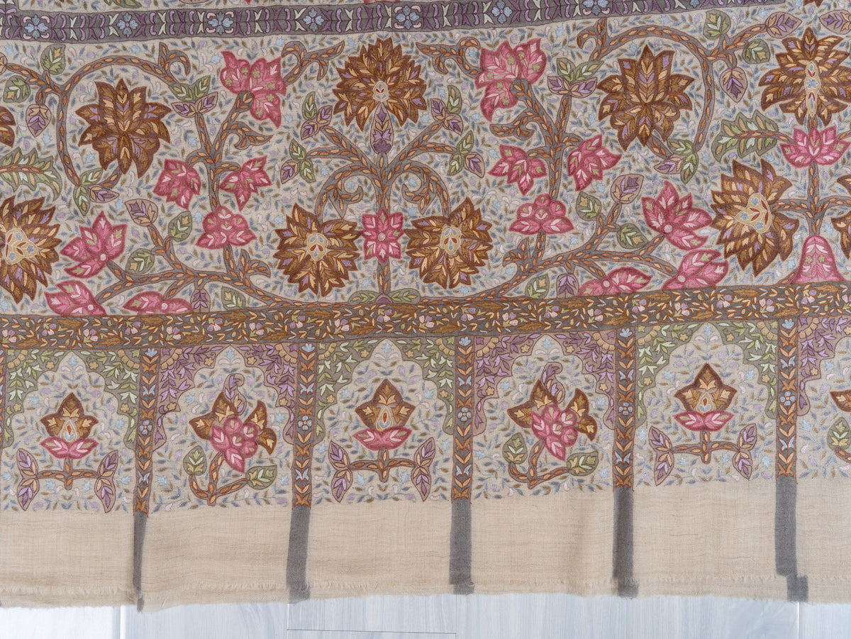 3 Yards Kalamkari Pure Pashmina Shawl with Aari Hand Embroidered Floral Tapestry