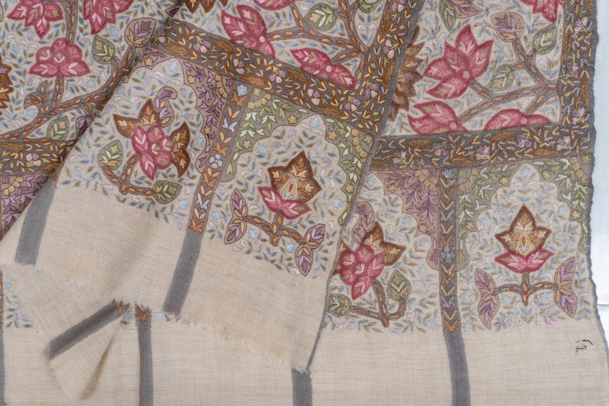 3 Yards Kalamkari Pure Pashmina Shawl with Aari Hand Embroidered Floral Tapestry