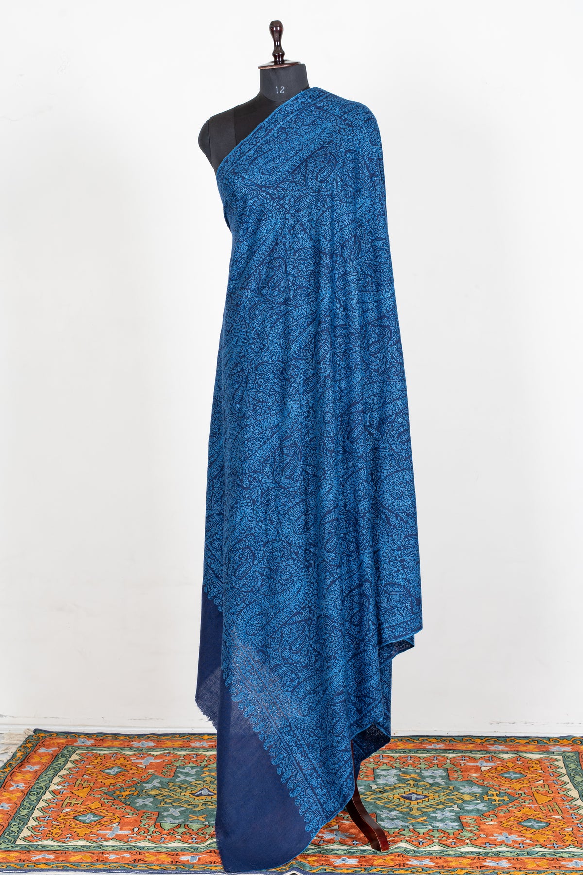 3 yards Royal Azure Pure Pashmina Shawl with Sozni Hand Embroidered Intricate Paisley Patterns