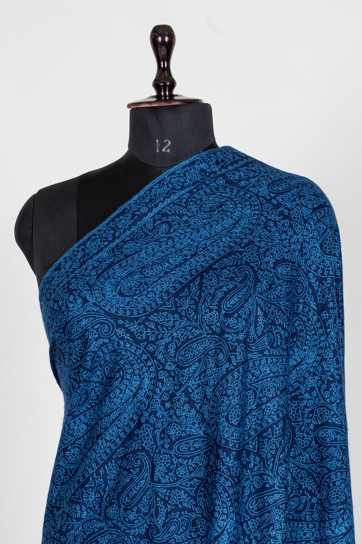 3 yards Royal Azure Pure Pashmina Shawl with Sozni Hand Embroidered Intricate Paisley Patterns