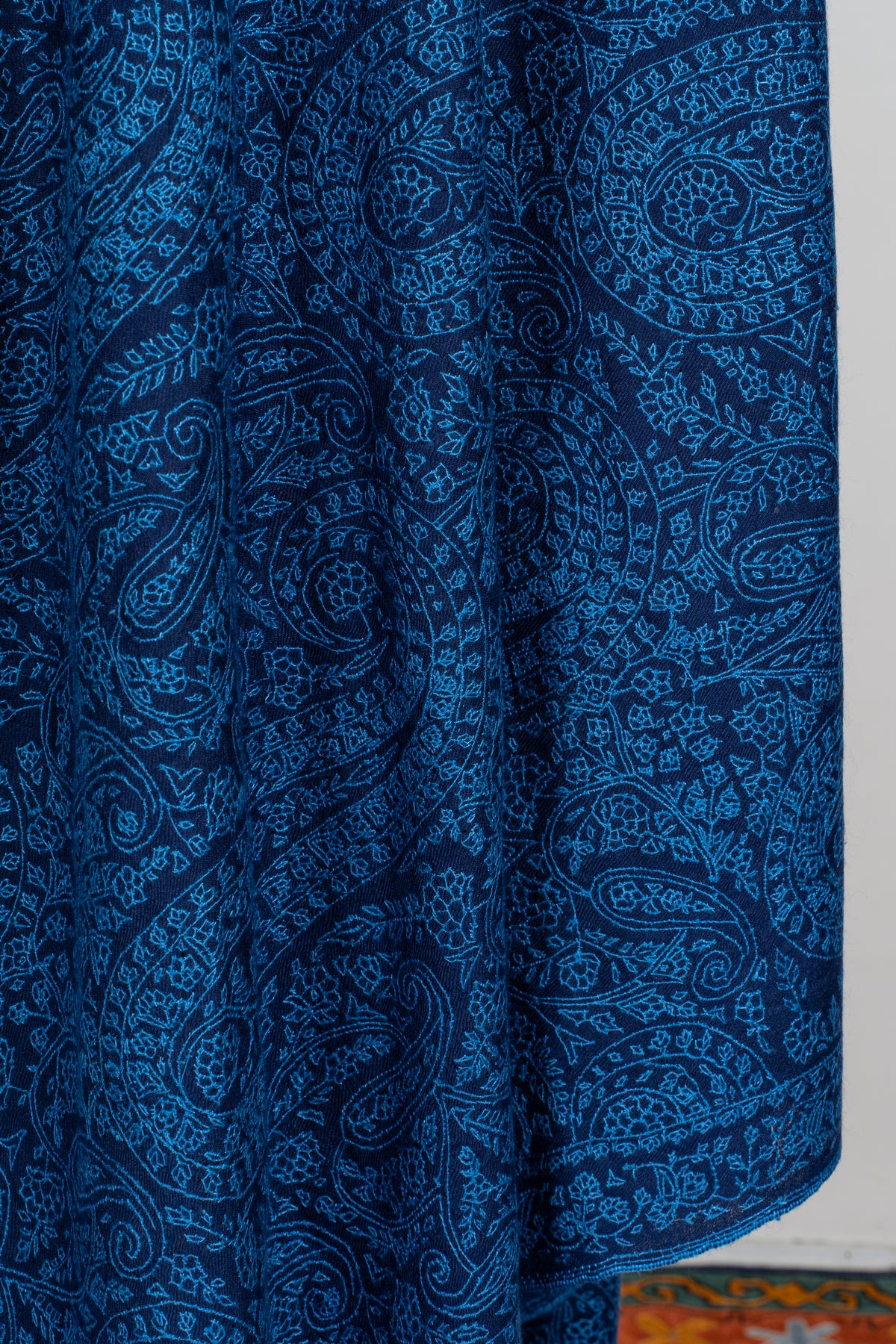 3 yards Royal Azure Pure Pashmina Shawl with Sozni Hand Embroidered Intricate Paisley Patterns