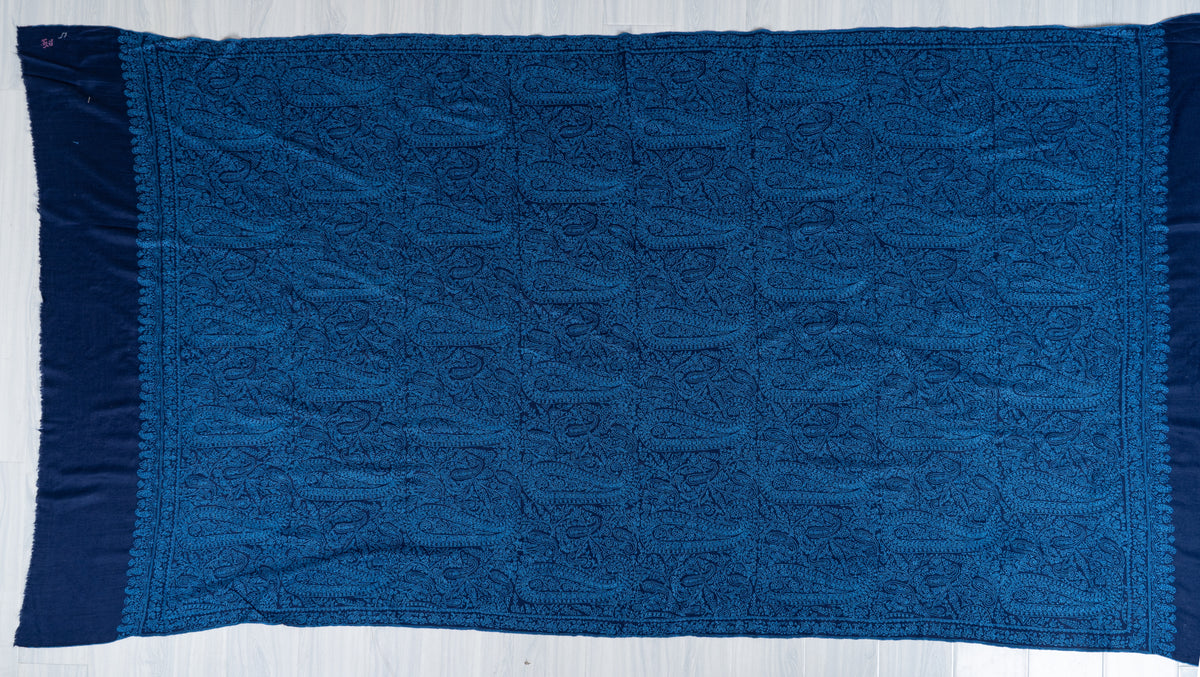 3 yards Royal Azure Pure Pashmina Shawl with Sozni Hand Embroidered Intricate Paisley Patterns