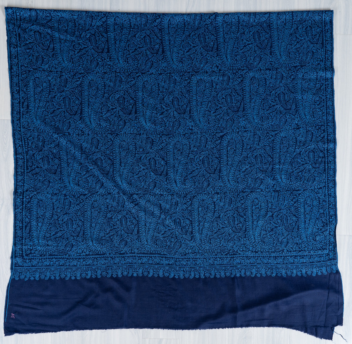 3 yards Royal Azure Pure Pashmina Shawl with Sozni Hand Embroidered Intricate Paisley Patterns