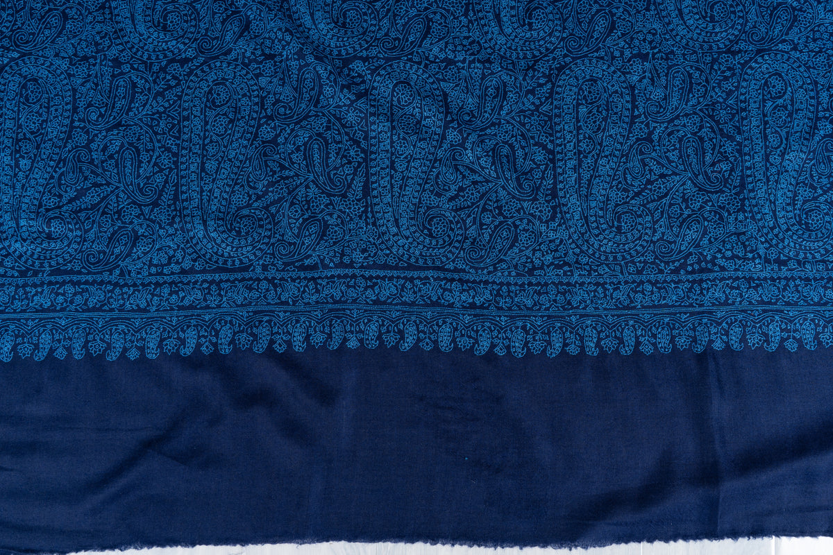 3 yards Royal Azure Pure Pashmina Shawl with Sozni Hand Embroidered Intricate Paisley Patterns