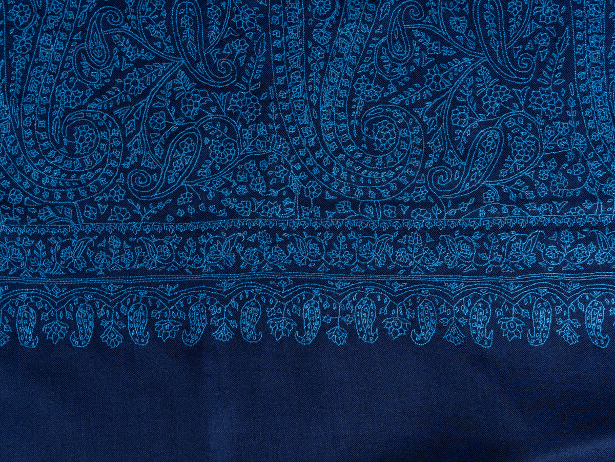 3 yards Royal Azure Pure Pashmina Shawl with Sozni Hand Embroidered Intricate Paisley Patterns