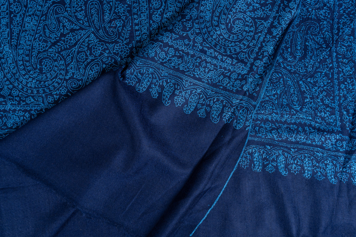 3 yards Royal Azure Pure Pashmina Shawl with Sozni Hand Embroidered Intricate Paisley Patterns