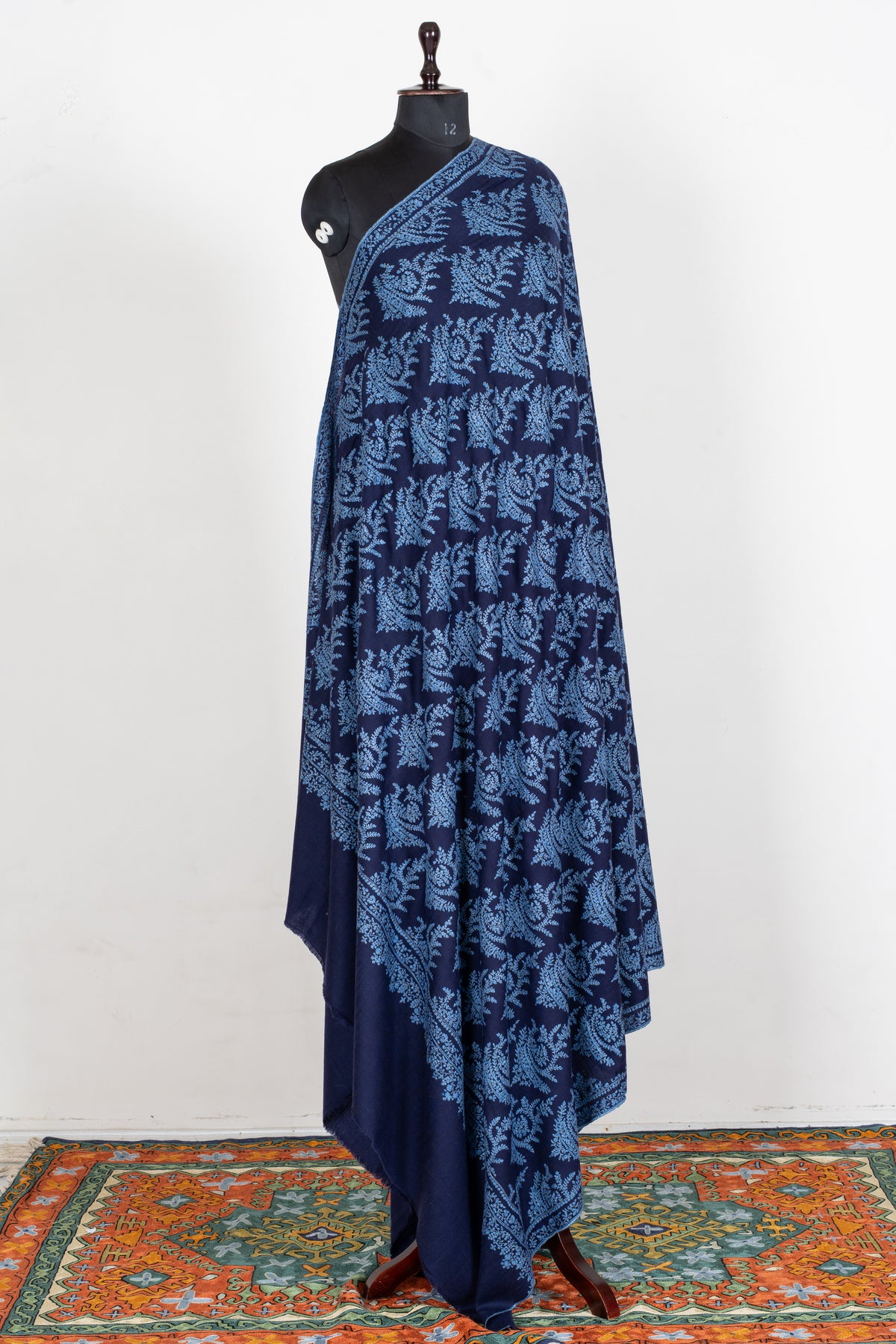 3 Yards Sapphire Fern Pure Pashmina Shawl with Sozni Hand Embroidered Botanical Motifs