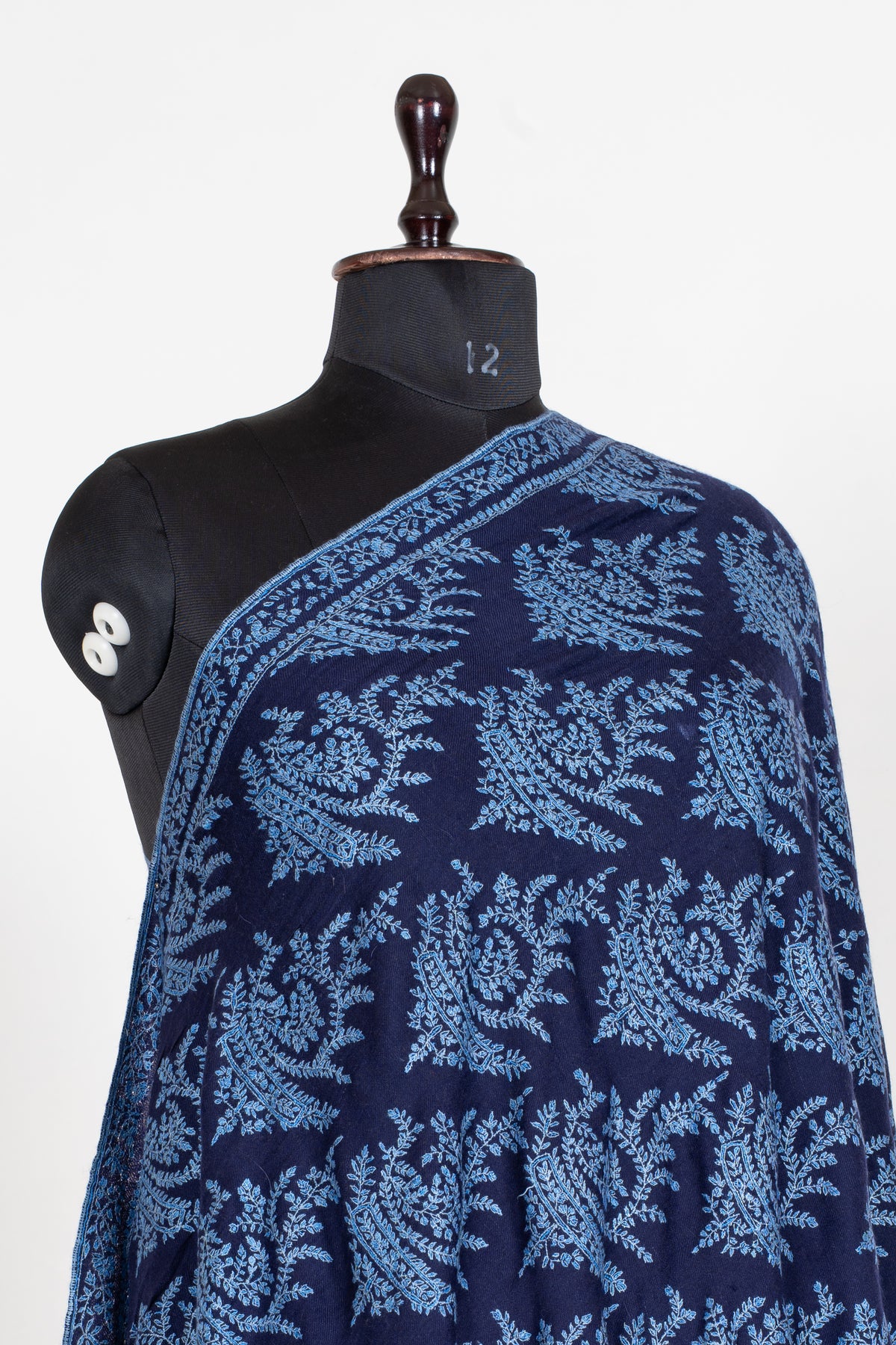 3 Yards Sapphire Fern Pure Pashmina Shawl with Sozni Hand Embroidered Botanical Motifs