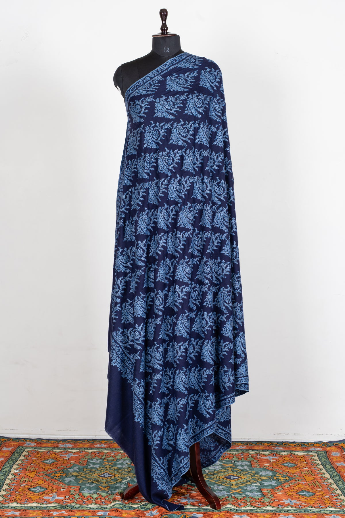 3 Yards Sapphire Fern Pure Pashmina Shawl with Sozni Hand Embroidered Botanical Motifs