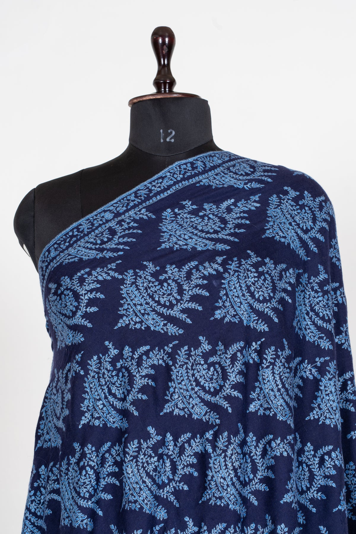 3 Yards Sapphire Fern Pure Pashmina Shawl with Sozni Hand Embroidered Botanical Motifs