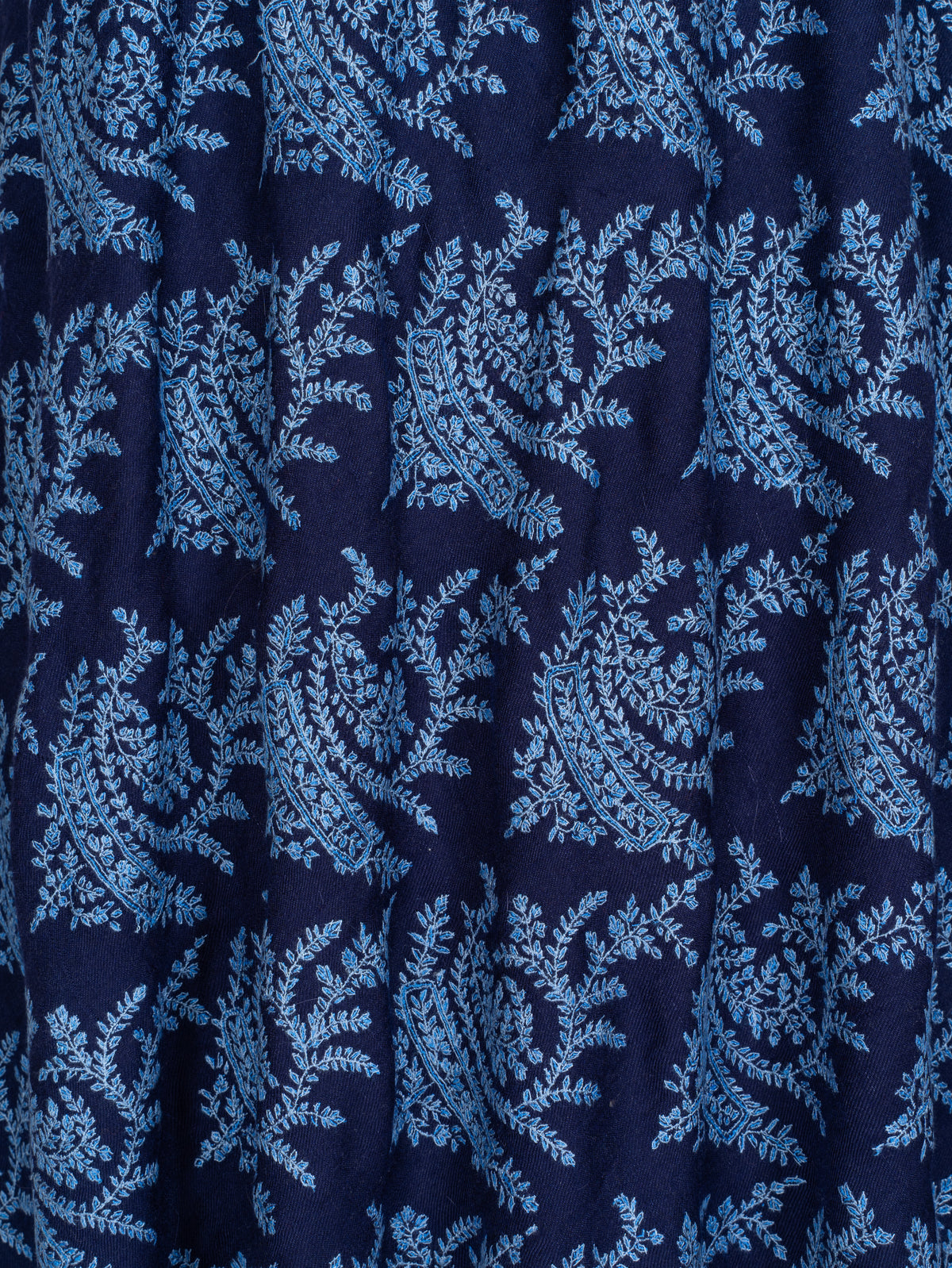 3 Yards Sapphire Fern Pure Pashmina Shawl with Sozni Hand Embroidered Botanical Motifs