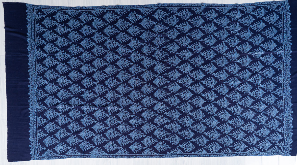 3 Yards Sapphire Fern Pure Pashmina Shawl with Sozni Hand Embroidered Botanical Motifs