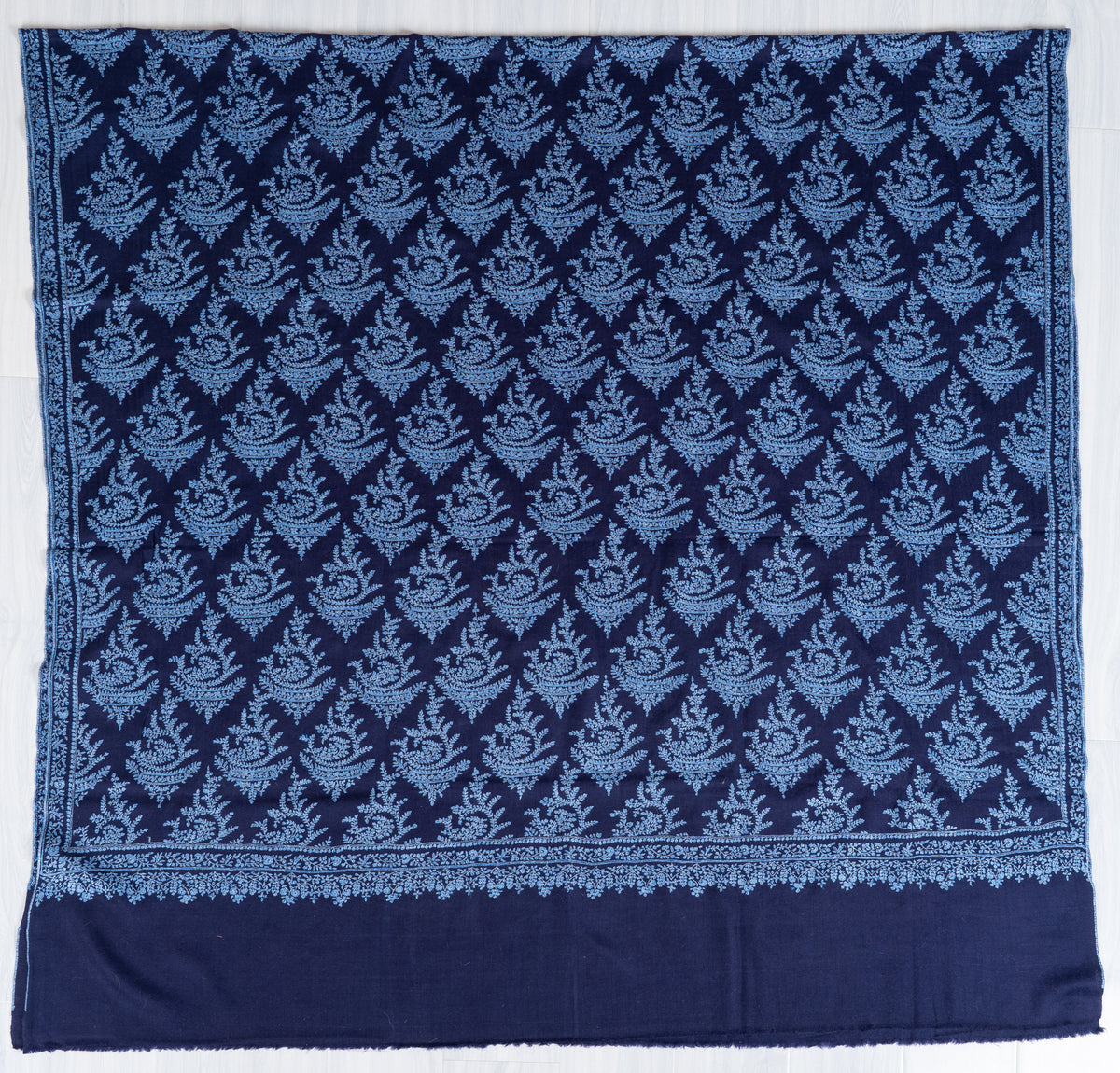 3 Yards Sapphire Fern Pure Pashmina Shawl with Sozni Hand Embroidered Botanical Motifs