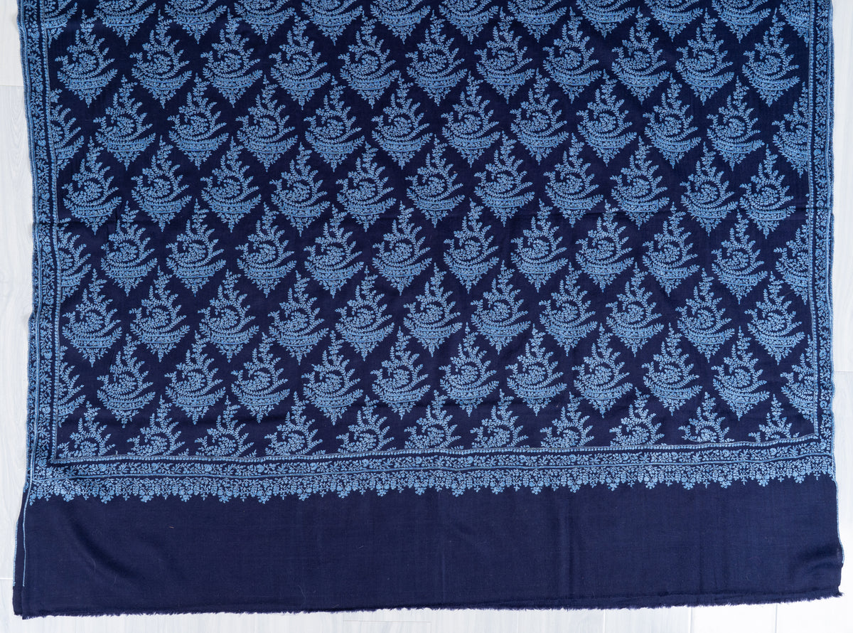 3 Yards Sapphire Fern Pure Pashmina Shawl with Sozni Hand Embroidered Botanical Motifs