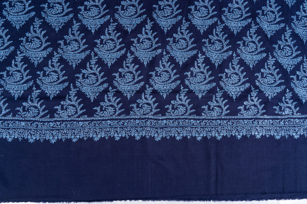 3 Yards Sapphire Fern Pure Pashmina Shawl with Sozni Hand Embroidered Botanical Motifs