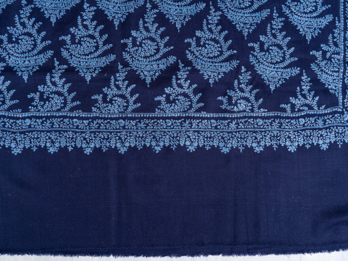 3 Yards Sapphire Fern Pure Pashmina Shawl with Sozni Hand Embroidered Botanical Motifs