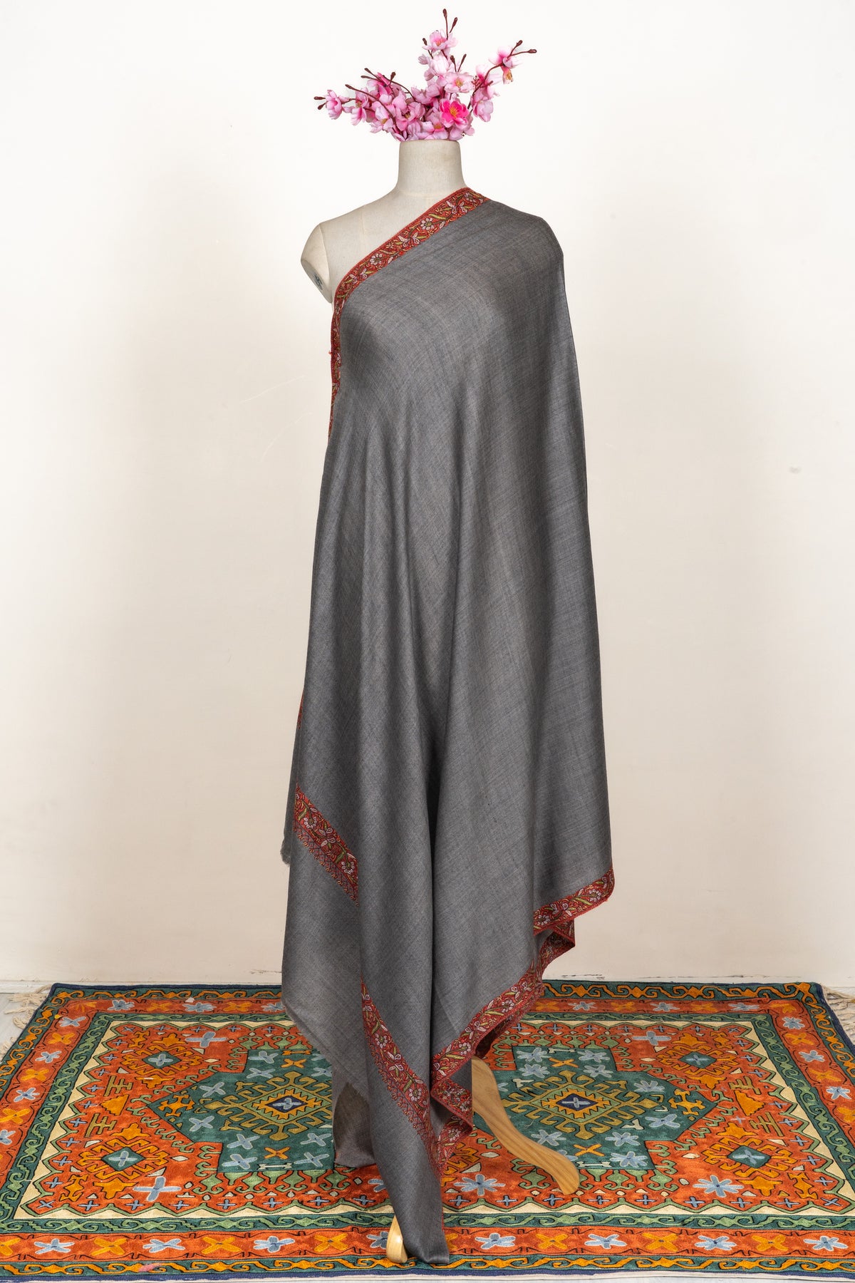 Charcoal Heritage Merino wool 2.5 Yards Sozni Hand Embroidered Shawl