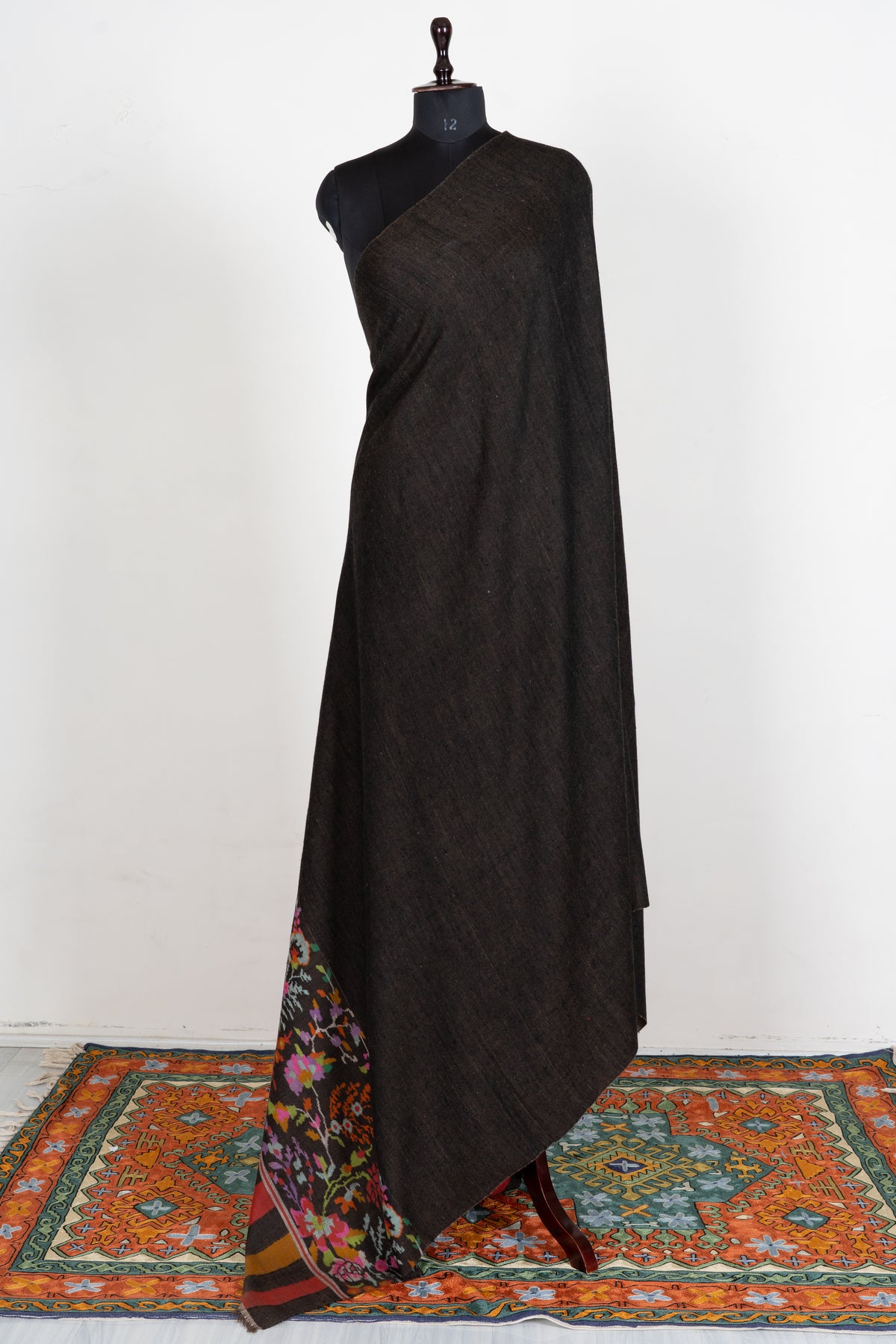3 yards Reversible Pure Pashmina Shawl with Kani Woven Vibrant Floral Borders in Deep Charcoal and Warm Taupe