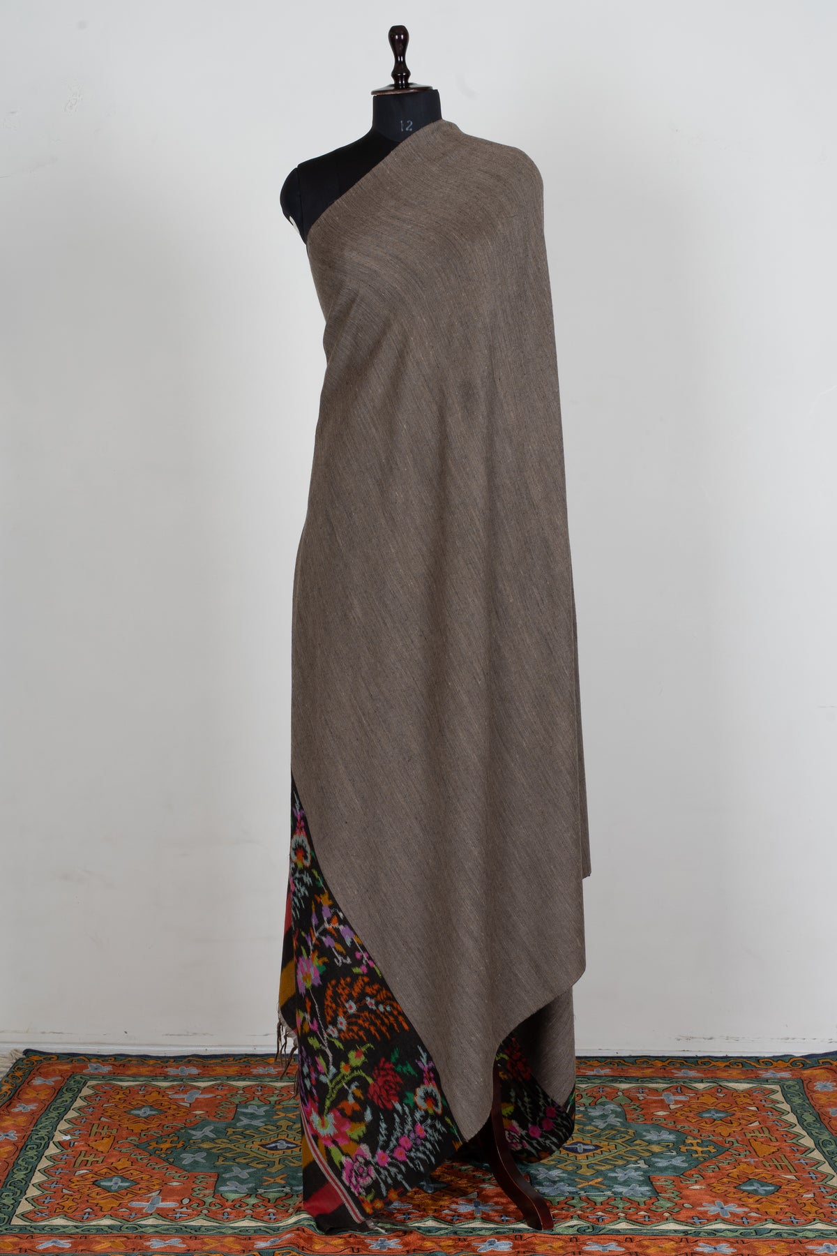 3 yards Reversible Pure Pashmina Shawl with Kani Woven Vibrant Floral Borders in Deep Charcoal and Warm Taupe