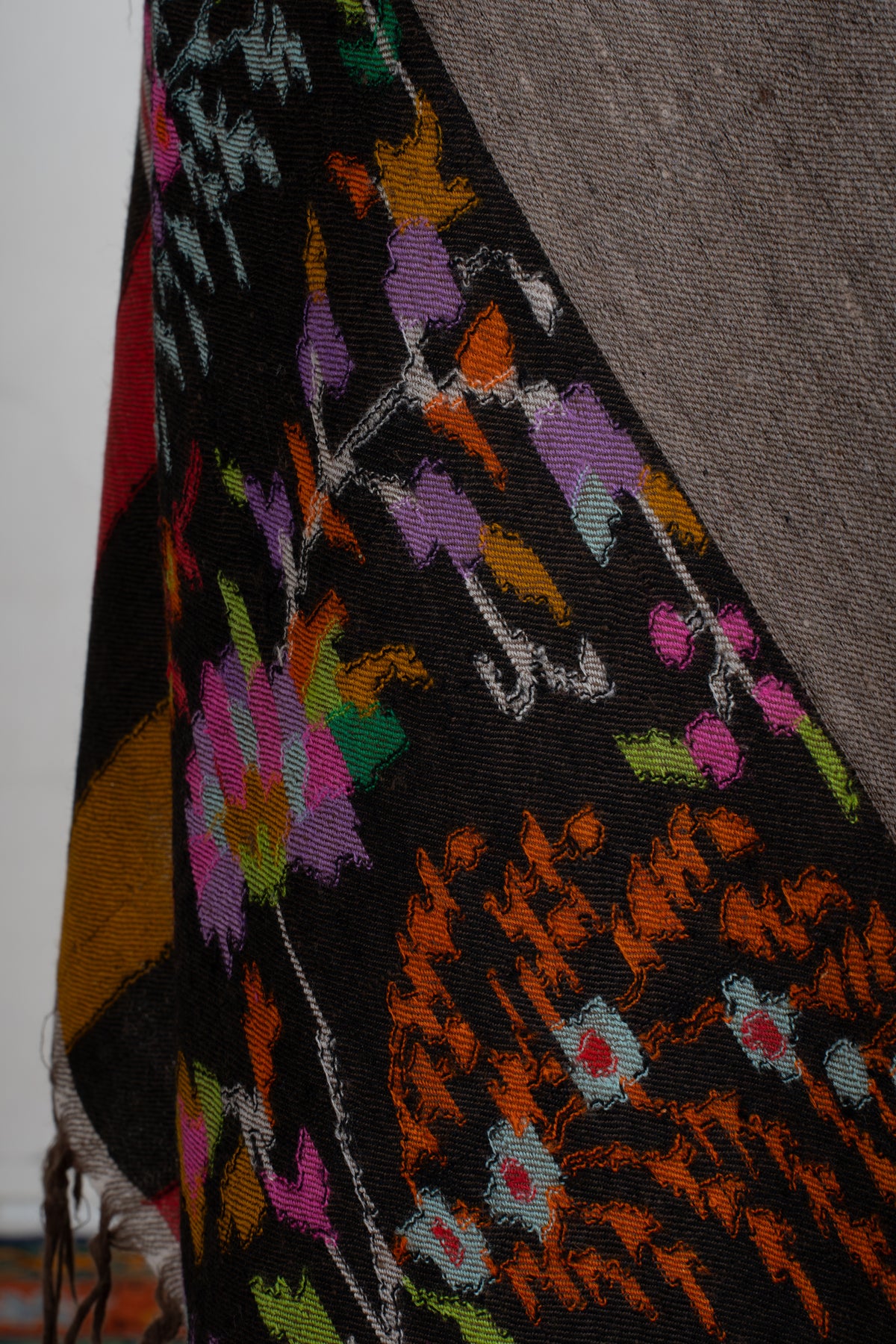 3 yards Reversible Pure Pashmina Shawl with Kani Woven Vibrant Floral Borders in Deep Charcoal and Warm Taupe