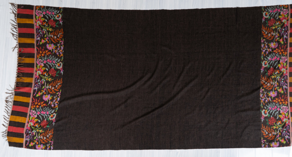 3 yards Reversible Pure Pashmina Shawl with Kani Woven Vibrant Floral Borders in Deep Charcoal and Warm Taupe