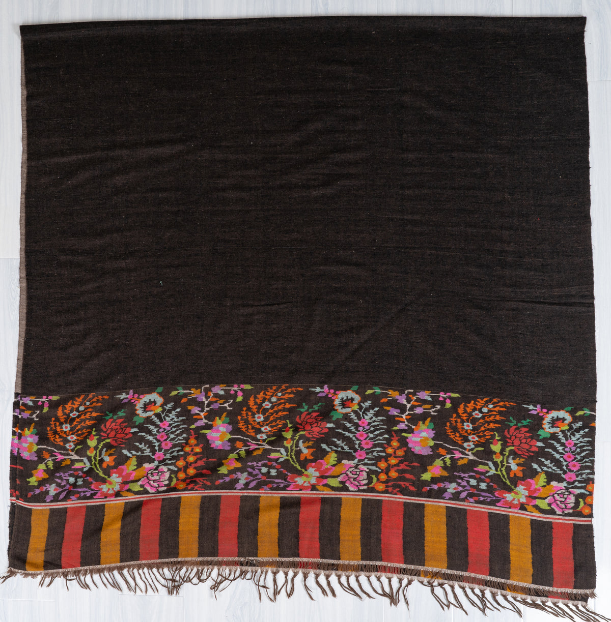 3 yards Reversible Pure Pashmina Shawl with Kani Woven Vibrant Floral Borders in Deep Charcoal and Warm Taupe