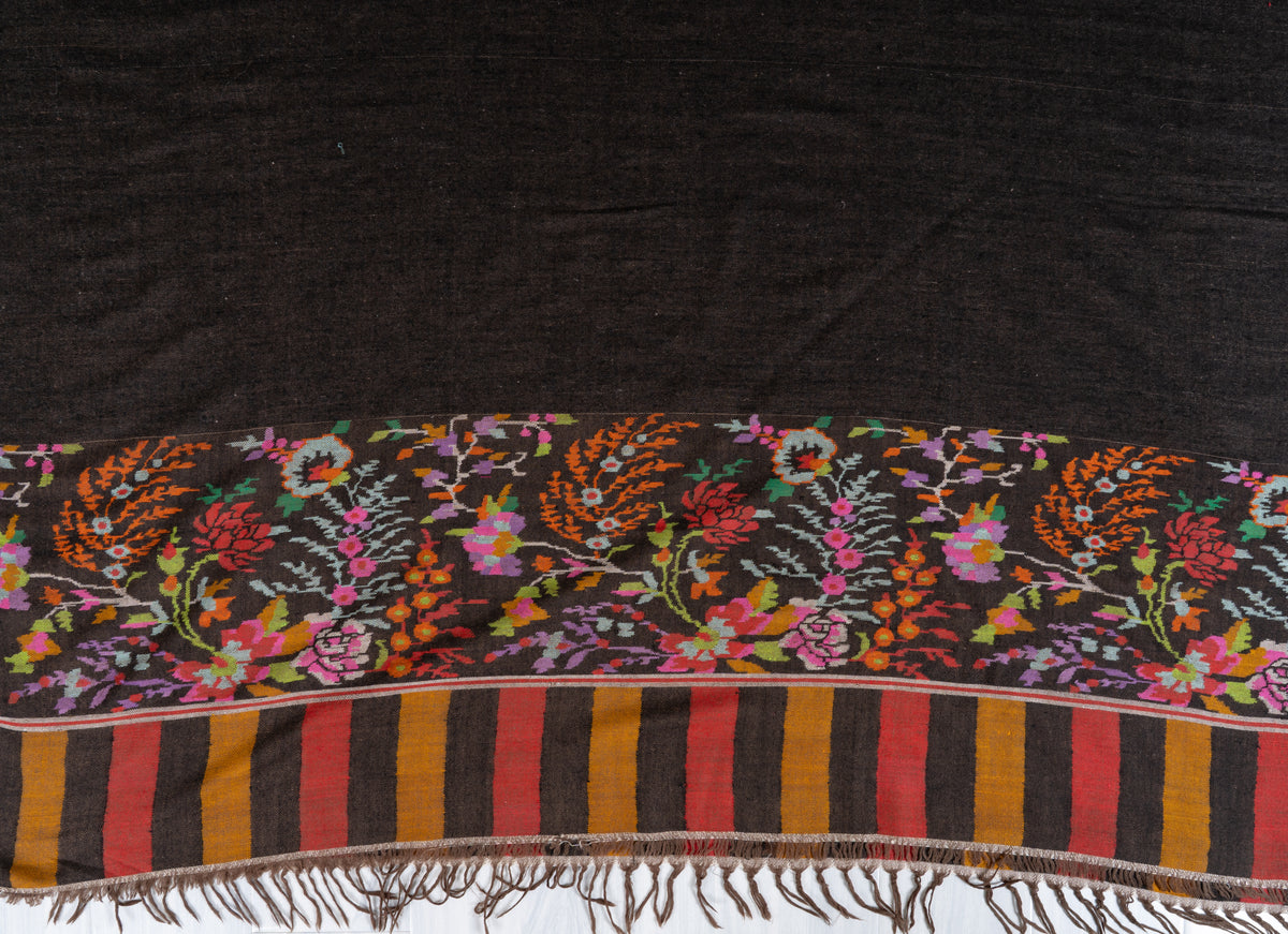 3 yards Reversible Pure Pashmina Shawl with Kani Woven Vibrant Floral Borders in Deep Charcoal and Warm Taupe