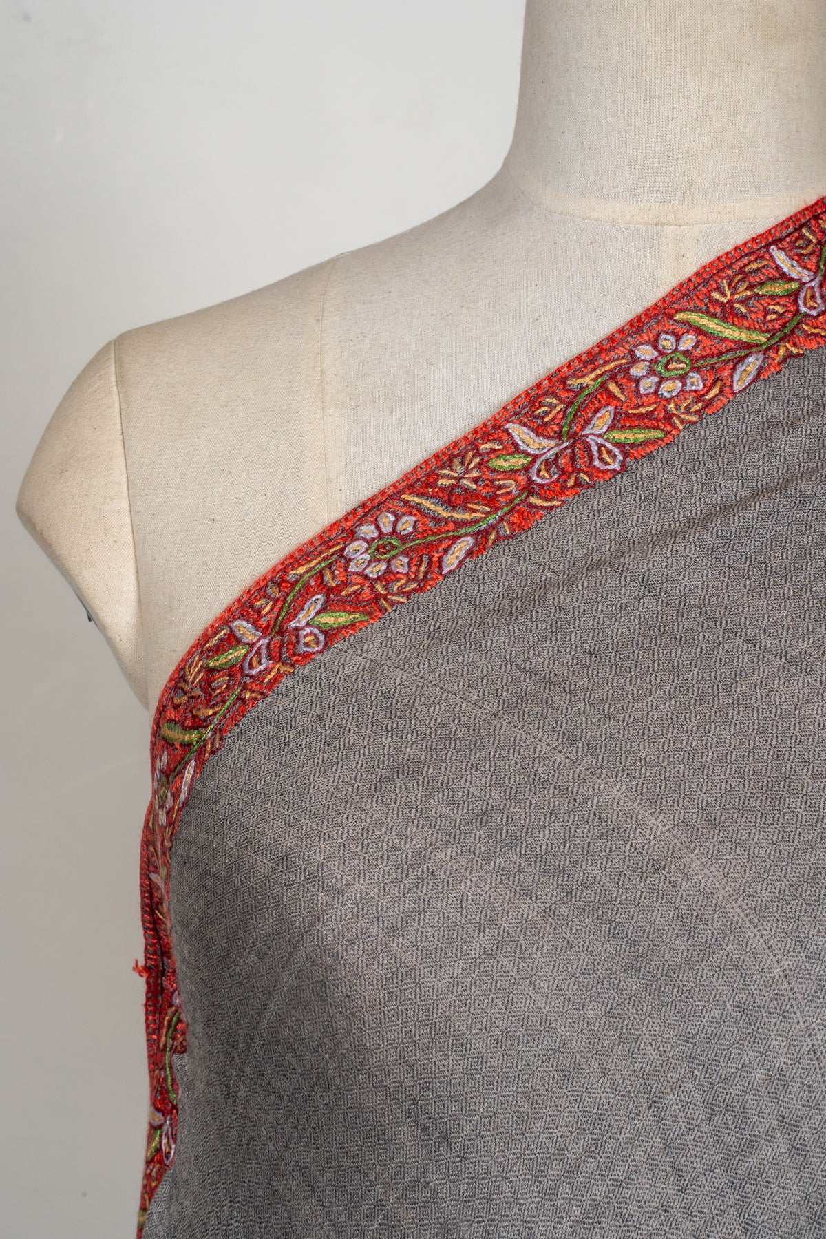 Charcoal Heritage Merino wool 2.5 Yards Sozni Hand Embroidered Shawl