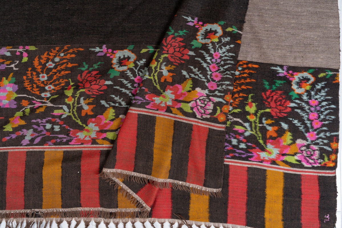 3 yards Reversible Pure Pashmina Shawl with Kani Woven Vibrant Floral Borders in Deep Charcoal and Warm Taupe