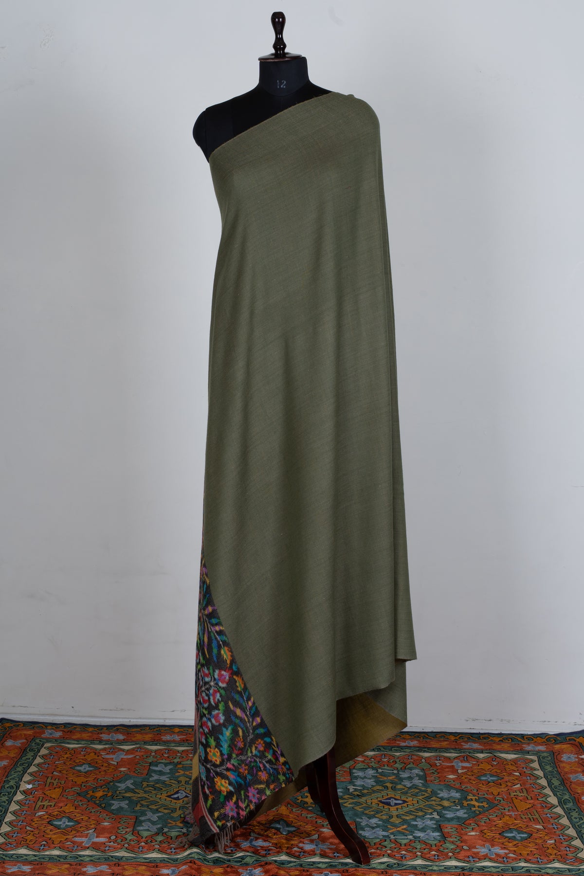 3 yards Reversible Pure Pashmina Shawl with Kani Woven Floral Borders in Olive Green and Mustard Gold