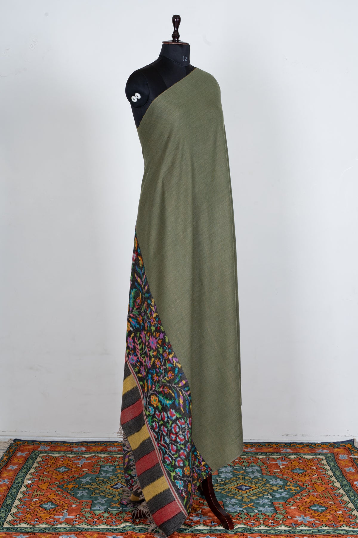 3 yards Reversible Pure Pashmina Shawl with Kani Woven Floral Borders in Olive Green and Mustard Gold