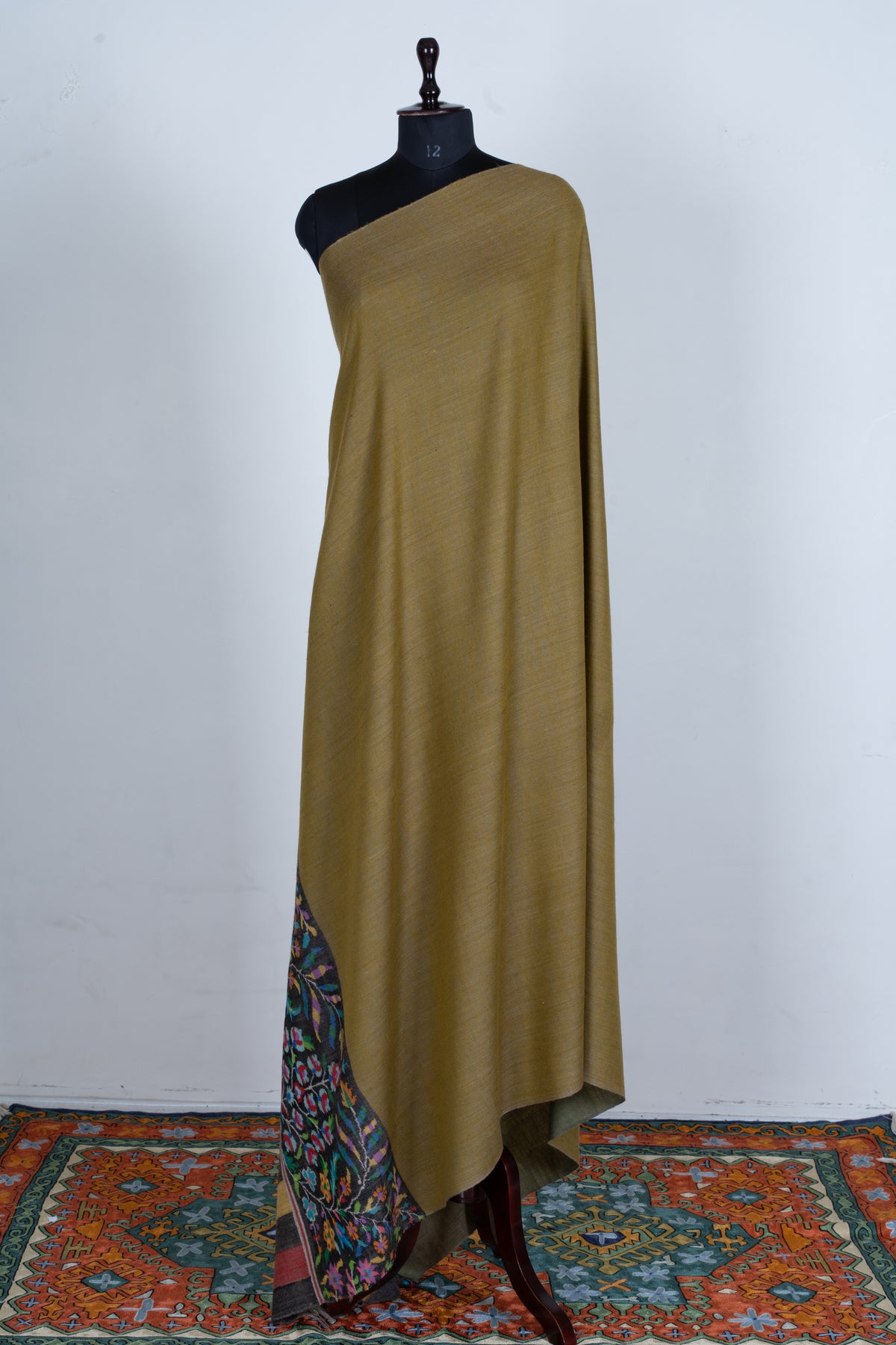 3 yards Reversible Pure Pashmina Shawl with Kani Woven Floral Borders in Olive Green and Mustard Gold