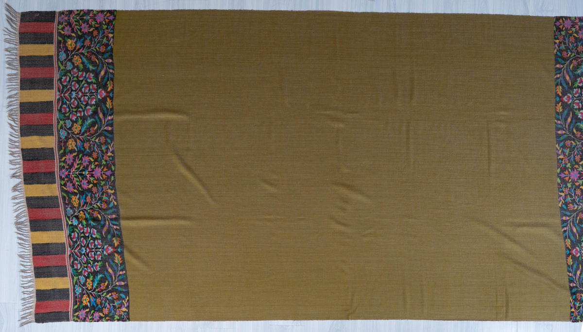 3 yards Reversible Pure Pashmina Shawl with Kani Woven Floral Borders in Olive Green and Mustard Gold