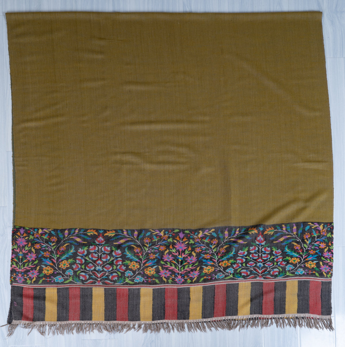 3 yards Reversible Pure Pashmina Shawl with Kani Woven Floral Borders in Olive Green and Mustard Gold