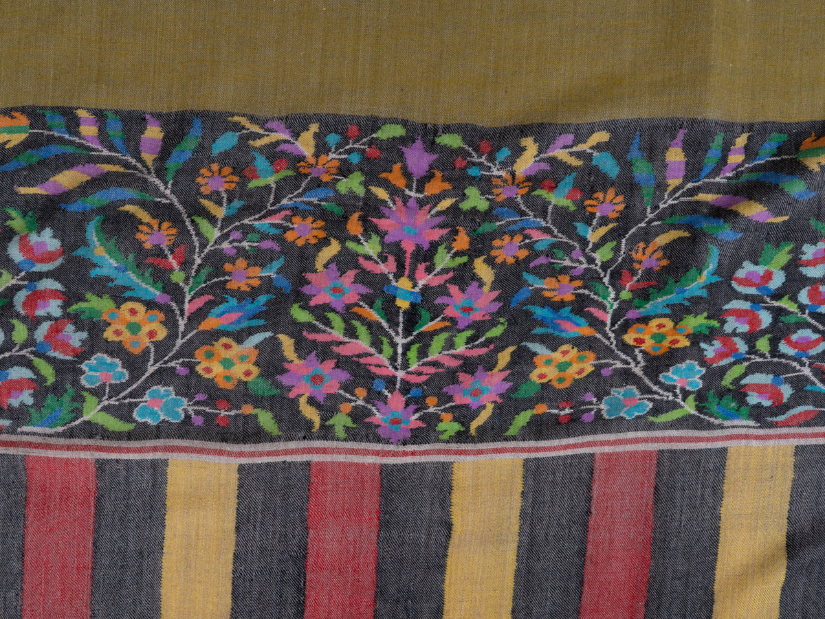 3 yards Reversible Pure Pashmina Shawl with Kani Woven Floral Borders in Olive Green and Mustard Gold