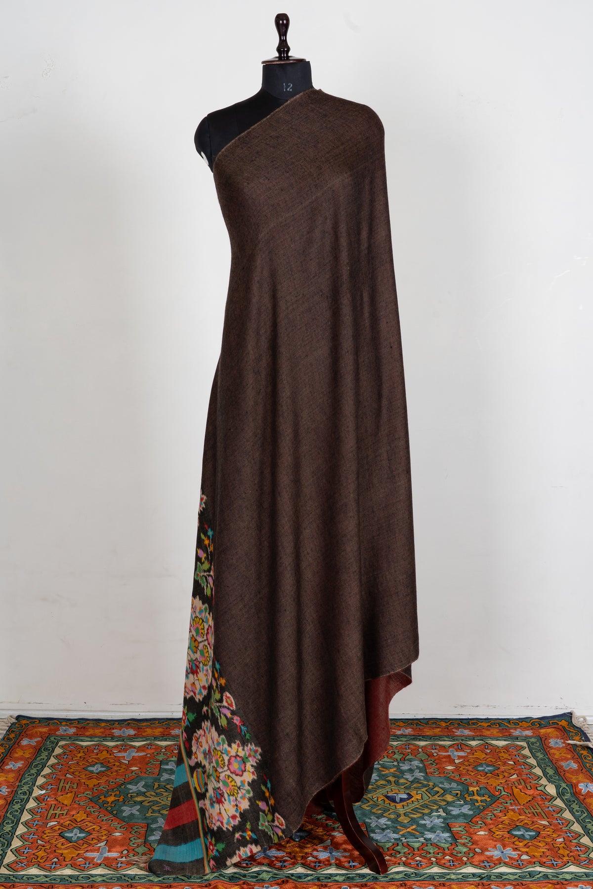 3 Yards Reversible Pure Pashmina Shawl with Kani Woven Floral Borders in Rustic Red and Cocoa Brown
