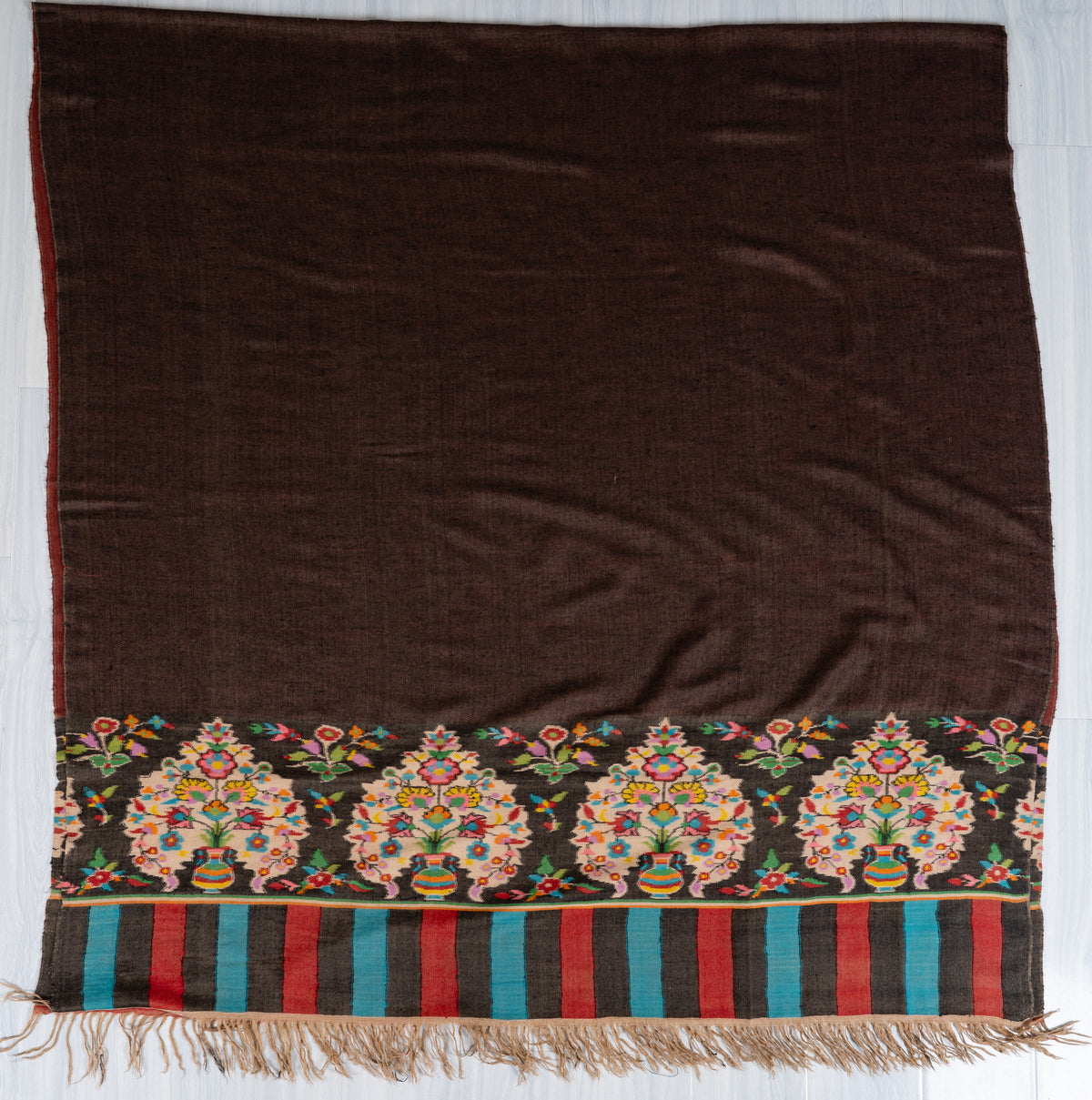 3 Yards Reversible Pure Pashmina Shawl with Kani Woven Floral Borders in Rustic Red and Cocoa Brown