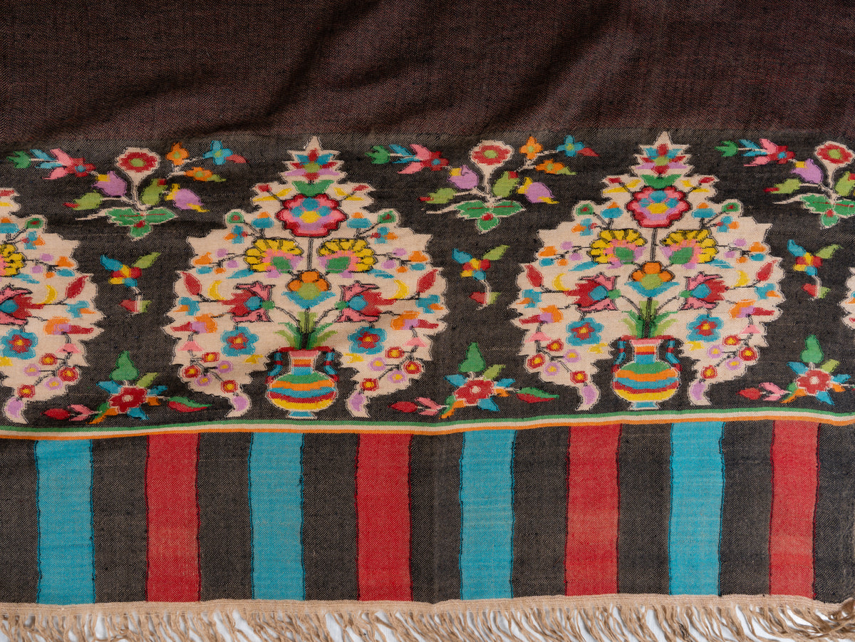3 Yards Reversible Pure Pashmina Shawl with Kani Woven Floral Borders in Rustic Red and Cocoa Brown
