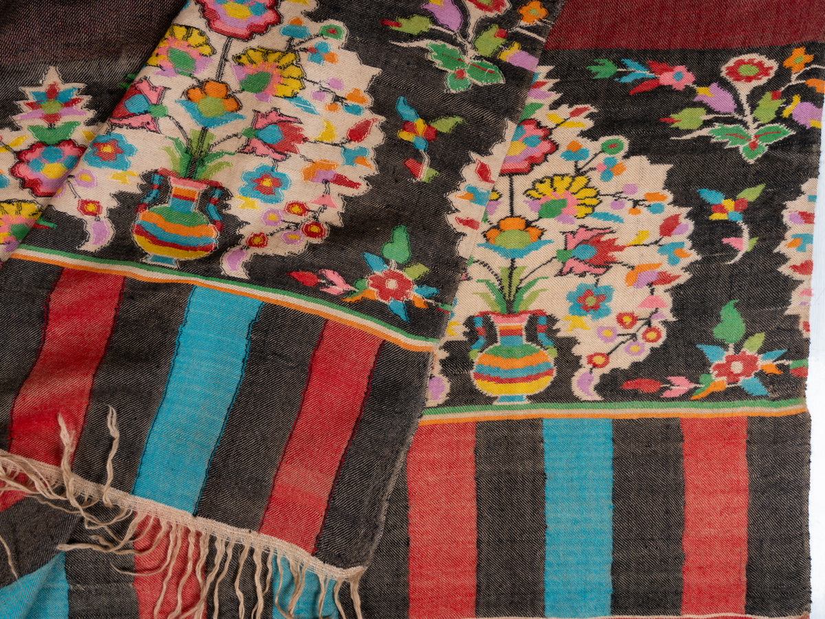 3 Yards Reversible Pure Pashmina Shawl with Kani Woven Floral Borders in Rustic Red and Cocoa Brown